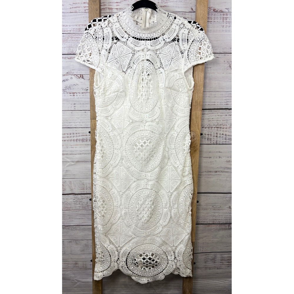 Bisou Bisou Michele Bohbot White Lace High Neck Dress‎ Size 8 - Picture 2 of 11